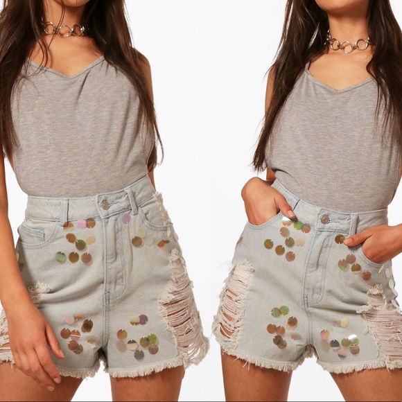 Boohoo Pants - High Waist Mermaid Sequin Mom Shorts